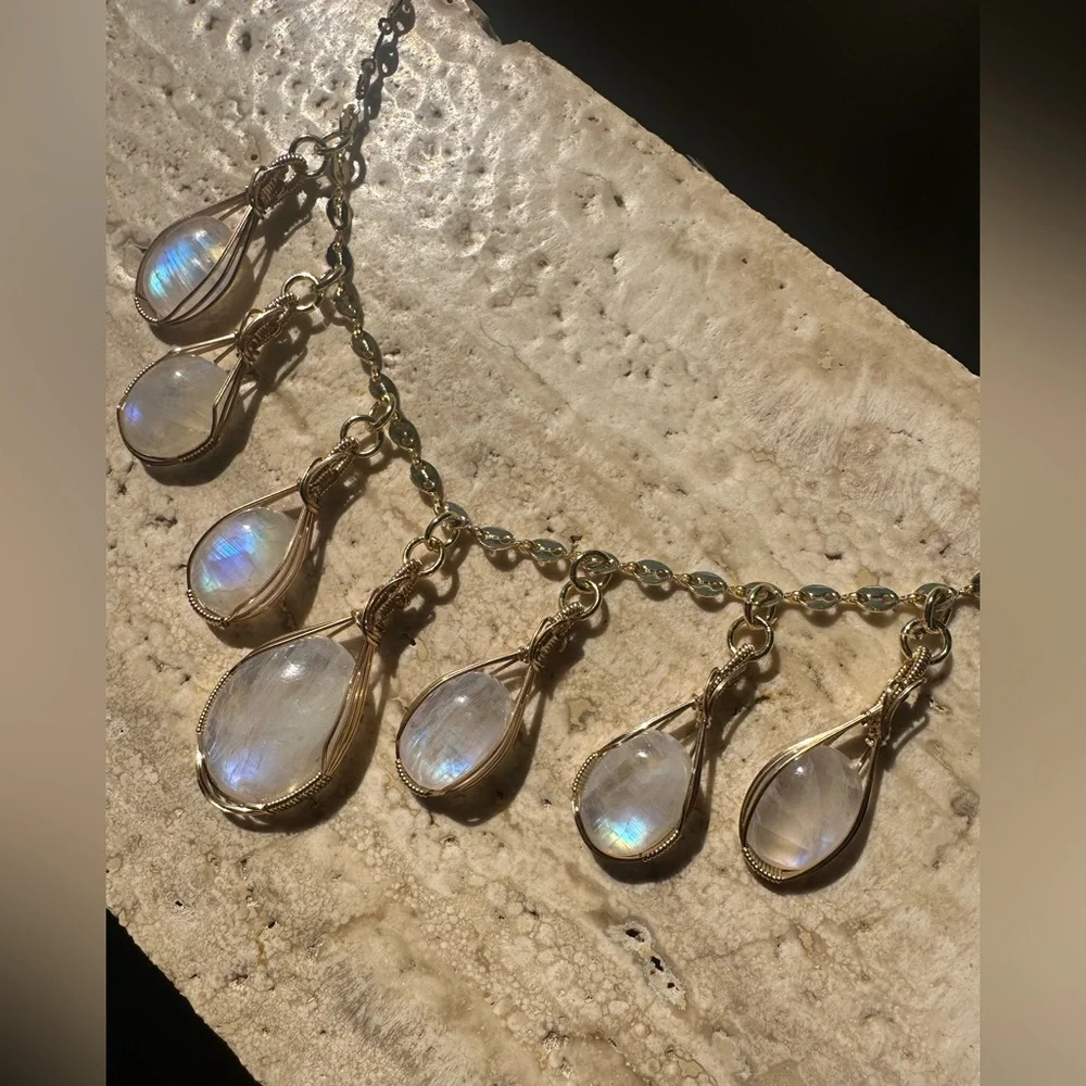 14k Gold Filled Rainbow Moonstone Gypsy Boho Necklace